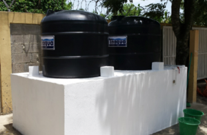 Water tanks as installed at the Ana Julia School.  Water that has passed through the sand filter and the microfiltration system is directed to these two tanks.  Chlorine is added as liquid chlorine bleach to each tank.  As such, finished water is produced in a batch mode of operation.